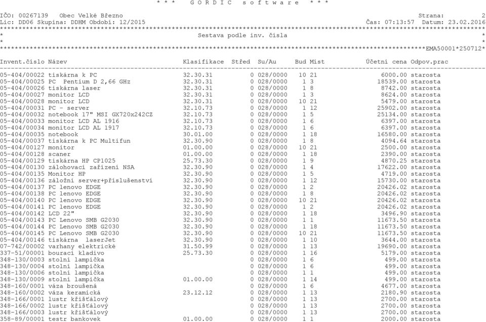 00 starosta 05-404/00031 PC - server 32.10.73 0 028/0000 1 12 25902.00 starosta 05-404/00032 notebook 17" MSI GX720x242CZ 32.10.73 0 028/0000 1 5 25134.00 starosta 05-404/00033 monitor LCD AL 1916 32.
