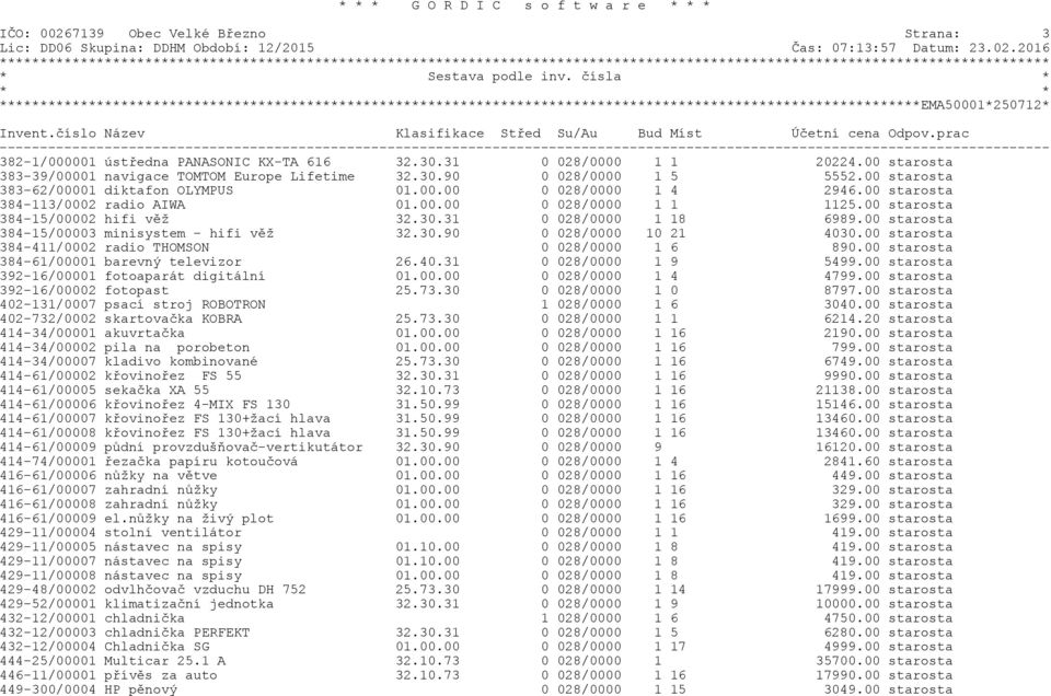 00 starosta 384-15/00003 minisystem - hifi vìž 32.30.90 0 028/0000 10 21 4030.00 starosta 384-411/0002 radio THOMSON 0 028/0000 1 6 890.00 starosta 384-61/00001 barevný televizor 26.40.31 0 028/0000 1 9 5499.