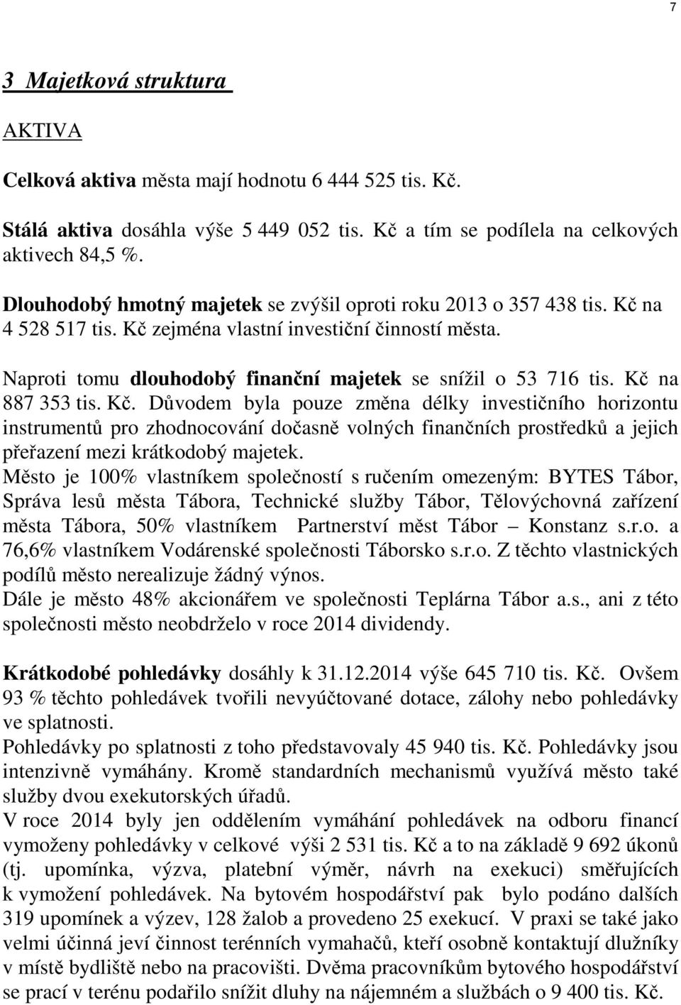 Kč na 887 353 tis. Kč. Důvodem byla pouze změna délky investičního horizontu instrumentů pro zhodnocování dočasně volných finančních prostředků a jejich přeřazení mezi krátkodobý majetek.