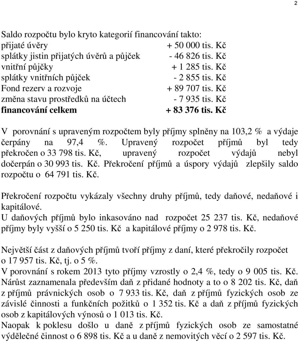 Kč V porovnání s upraveným rozpočtem byly příjmy splněny na 103,2 % a výdaje čerpány na 97,4 %. Upravený rozpočet příjmů byl tedy překročen o 33 798 tis.