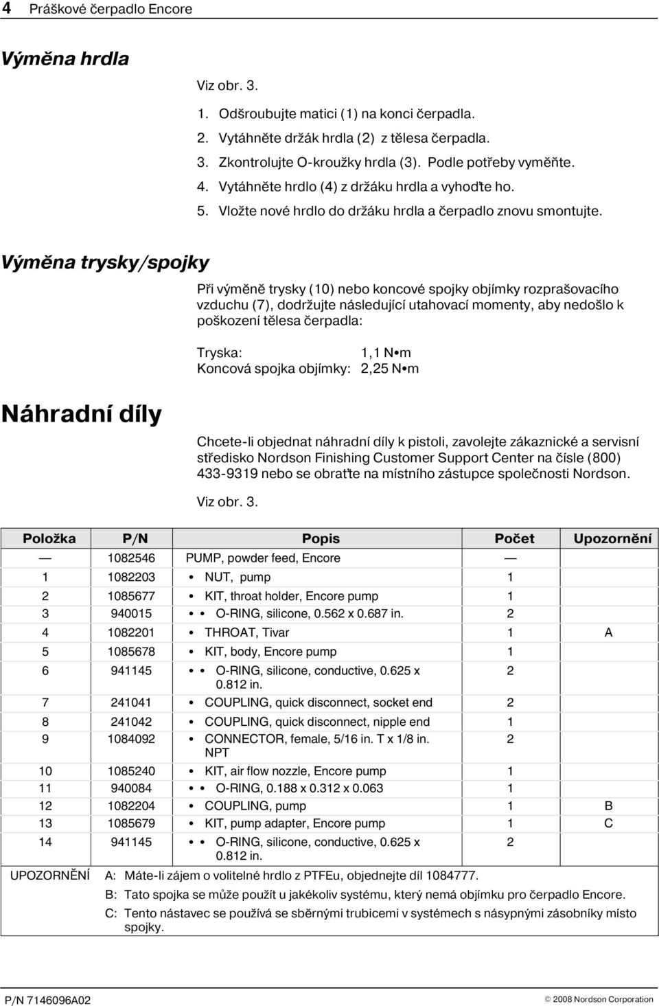 Výmìna trysky/spojky Pøi výmìnì trysky (10) nebo koncové spojky objímky rozprašovacího vzduchu (7), dodržujte následující utahovací momenty, aby nedošlo k poškození tìlesa èerpadla: Tryska: 1,1 N m