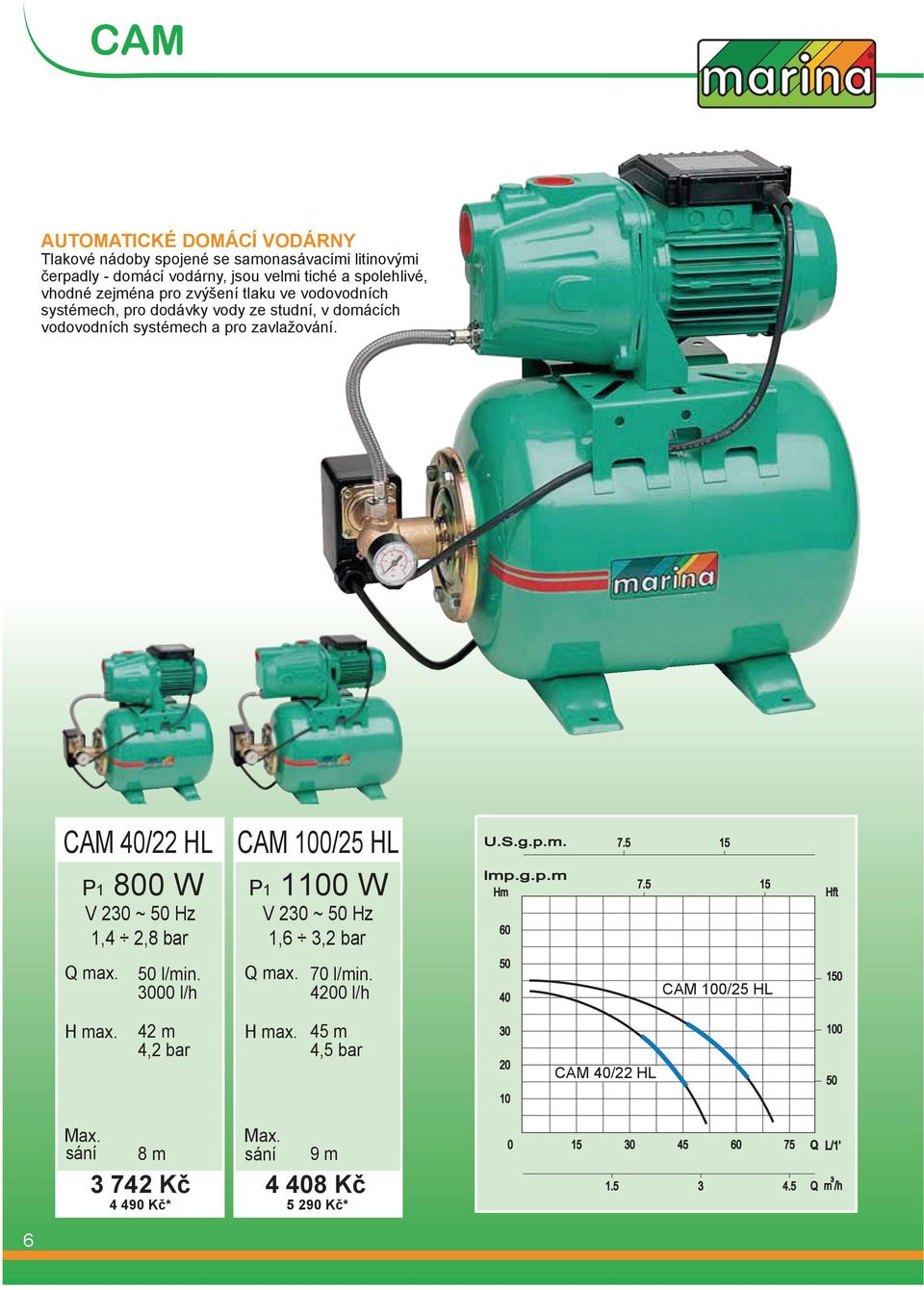 vodovodních systémech a pro zavlažování. CAM 40/22 HL P1 800 W 1,4 2,8 bar 50 l/min.