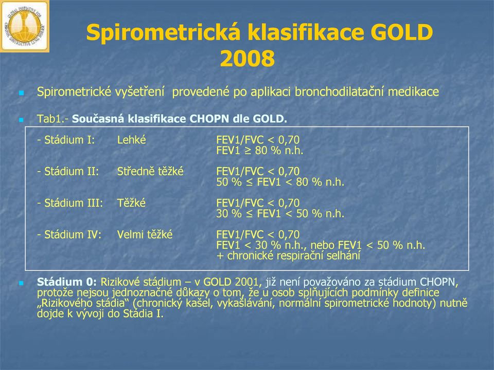 h. Velmi těžké FEV1/FVC < 0,70 FEV1 < 30 % n.h., nebo FEV1 < 50 % n.h. + chronické respirační selhání Stádium 0: Rizikové stádium v GOLD 2001, již není považováno za stádium
