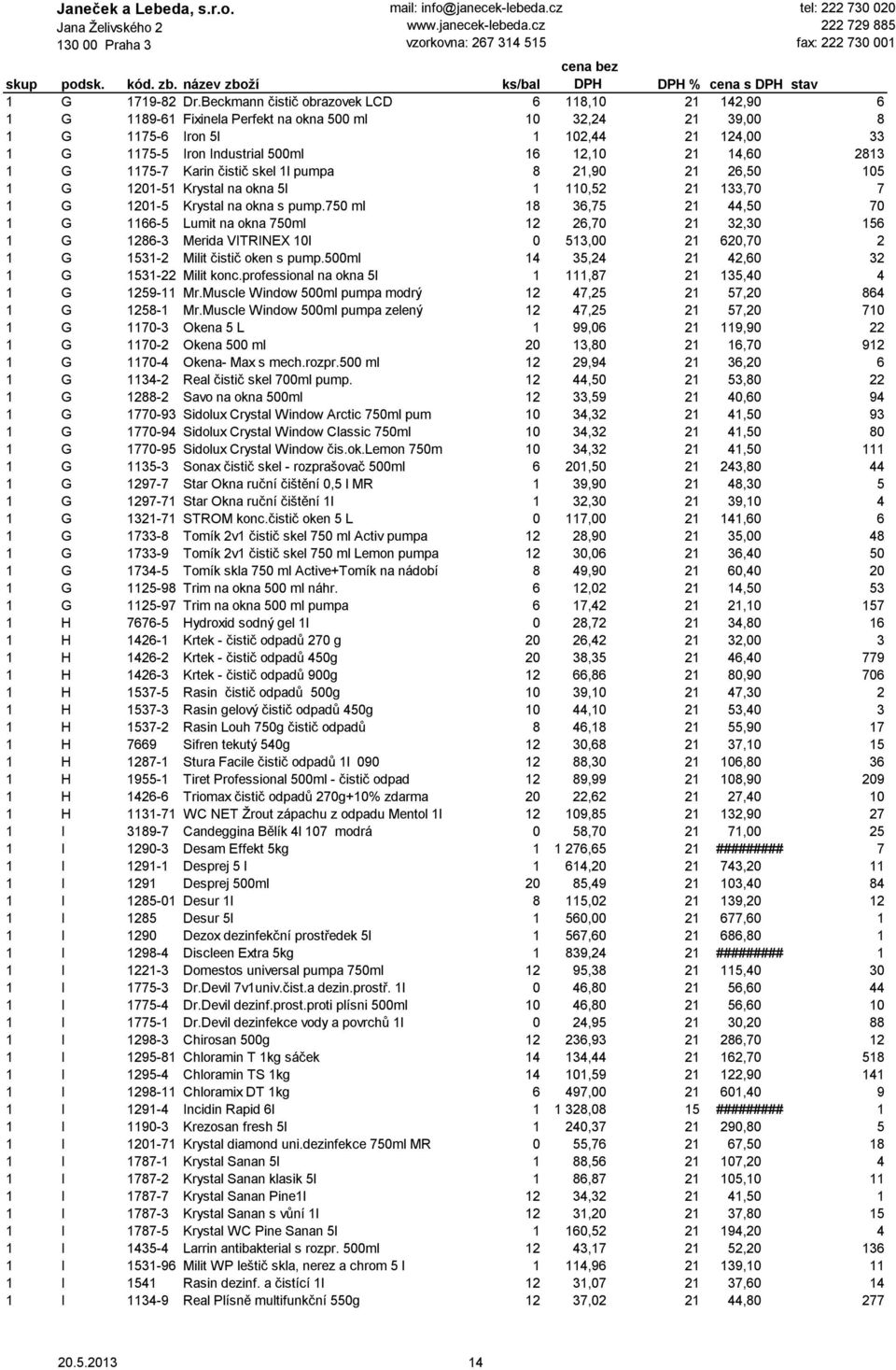 21 14,60 2813 1 G 1175-7 Karin čistič skel 1l pumpa 8 21,90 21 26,50 105 1 G 1201-51 Krystal na okna 5l 1 110,52 21 133,70 7 1 G 1201-5 Krystal na okna s pump.