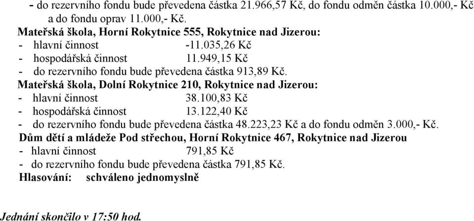 Mateřská škola, Dolní Rokytnice 210, Rokytnice nad Jizerou: - hlavní činnost 38.100,83 Kč - hospodářská činnost 13.122,40 Kč - do rezervního fondu bude převedena částka 48.