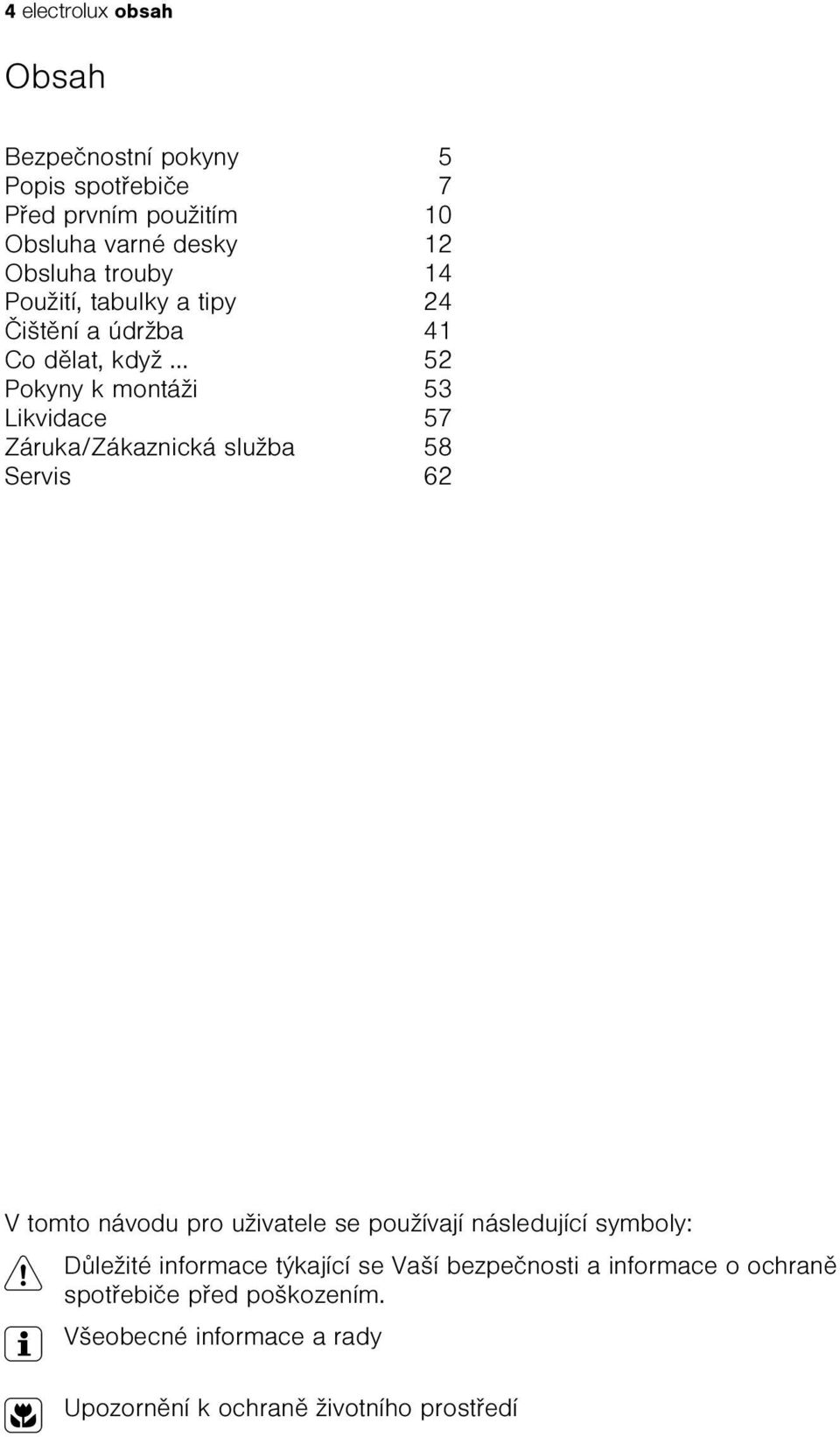 .. 52 Pokyny k montáži 53 Likvidace 57 Záruka/Zákaznická služba 58 Servis 62 V tomto návodu pro uživatele se používají