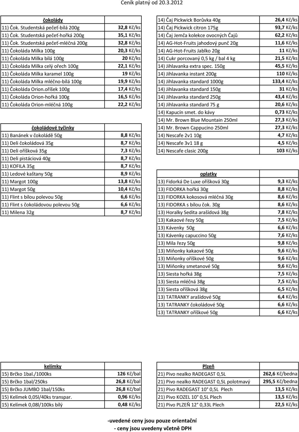 Studentská pečeť-mléčná 200g 32,8 Kč/ks 14) AG-Hot-Fruits jahodový punč 20g 11,6 Kč/ks 11) Čokoláda Milka 100g 20,3 Kč/ks 14) AG-Hot-Fruits Jablko 20g 11 Kč/ks 11) Čokoláda Milka bílá 100g 20 Kč/ks