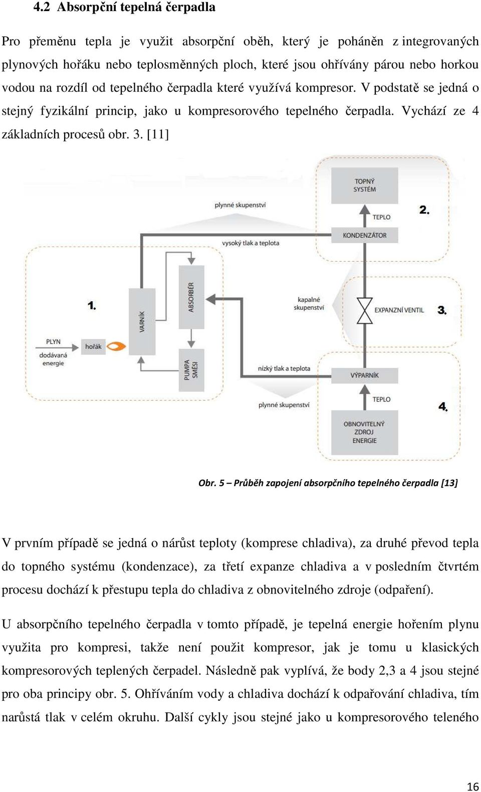 5 Průběh zapojení absorpčního tepelného čerpadla [13] V prvním případě se jedná o nárůst teploty (komprese chladiva), za druhé převod tepla do topného systému (kondenzace), za třetí expanze chladiva