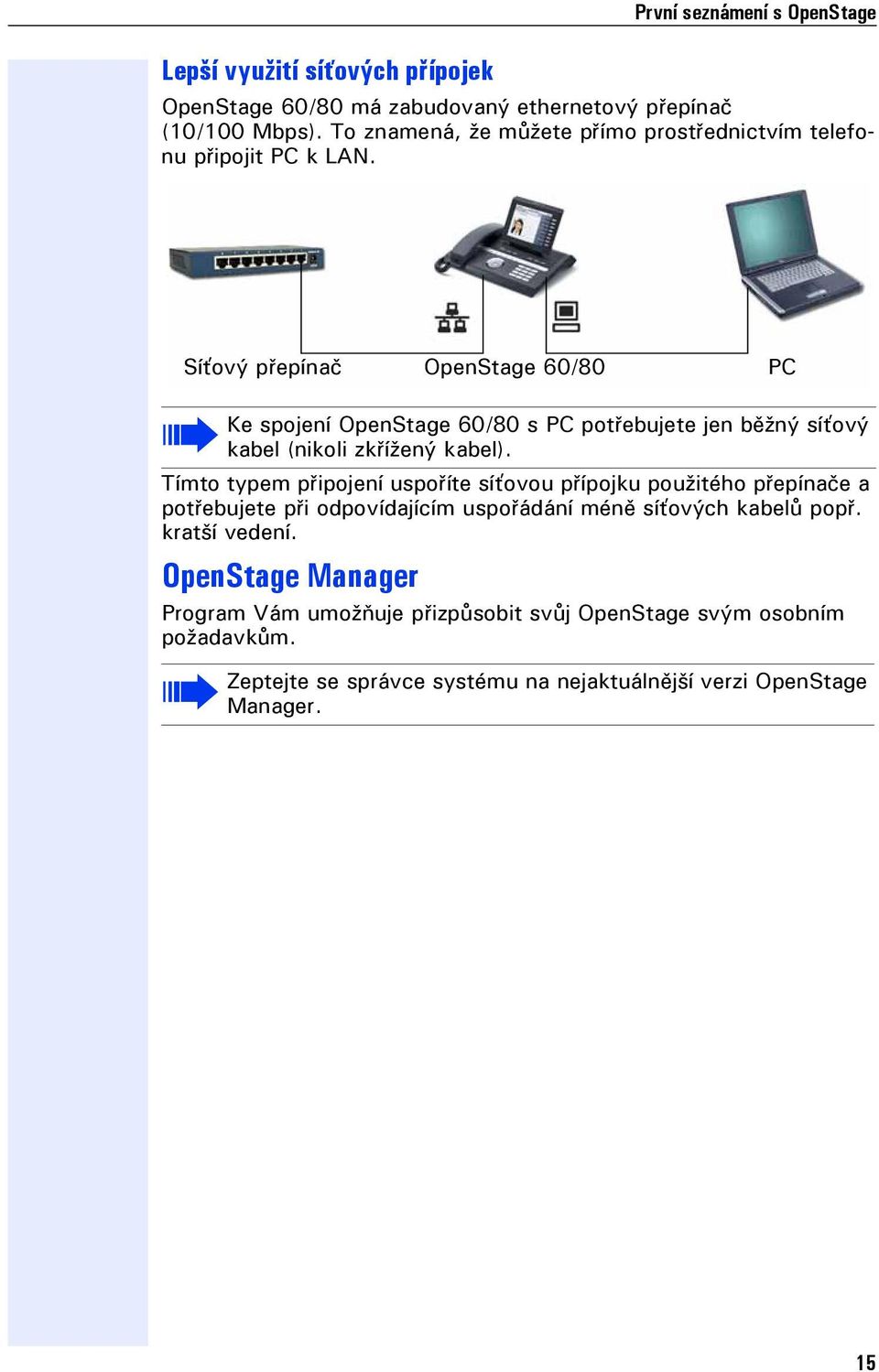 Síťový přepínač OpenStage 60/80 PC Ke spojení OpenStage 60/80 s PC potřebujete jen běžný síťový kabel (nikoli zkřížený kabel).