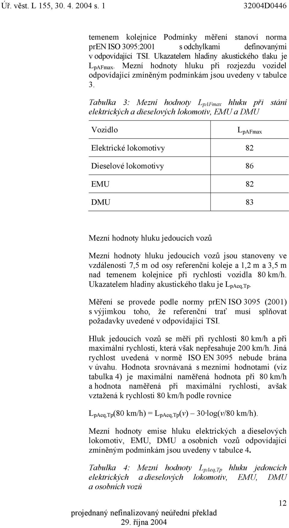 Tabulka 3: Mezní hodnoty L pafmax hluku při stání elektrických a dieselových lokomotiv, EMU a DMU Vozidlo L pafmax Elektrické lokomotivy 82 Dieselové lokomotivy 86 EMU 82 DMU 83 Mezní hodnoty hluku