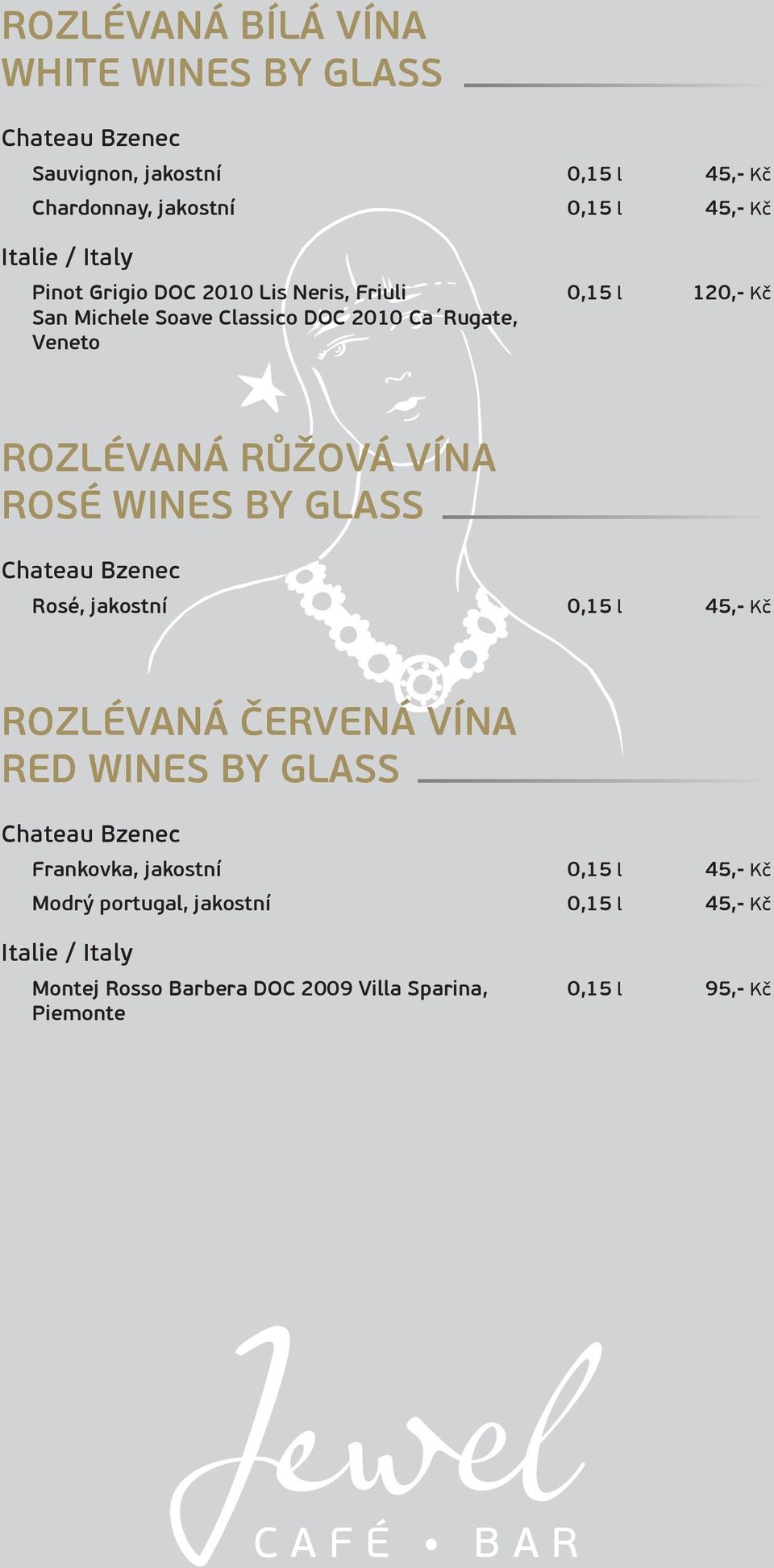 VÍNA ROSÉ WINES BY GLASS Rosé, jakostní 0,15 l 45,- Kč ROZLÉVANÁ ČERVENÁ VÍNA RED WINES BY GLASS Frankovka, jakostní 0,15 l