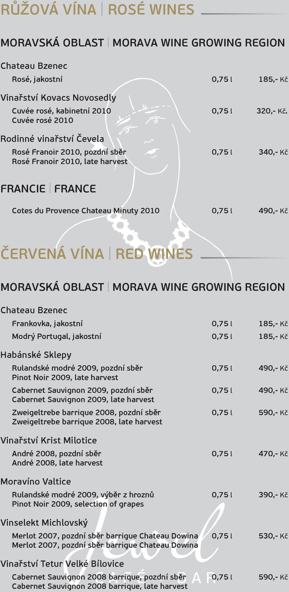 VÍNA RED WINES MORAVSKÁ OBLAST MORAVA WINE GROWING REGION Frankovka, jakostní 0,75 l 185,- Kč Modrý Portugal, jakostní 0,75 l 185,- Kč Habánské Sklepy Rulandské modré 2009, pozdní sběr 0,75 l 490,-