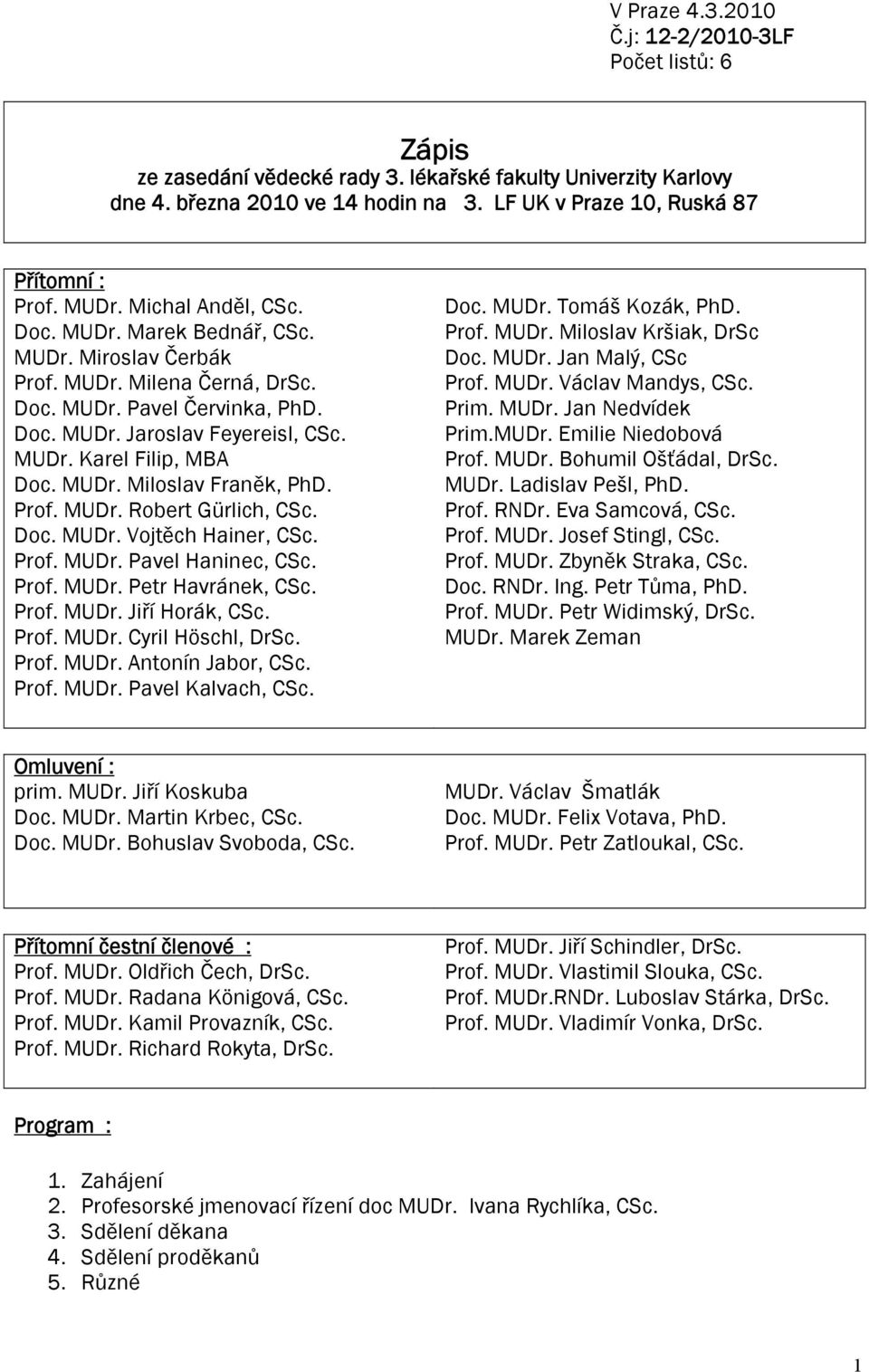 MUDr. Karel Filip, MBA Doc. MUDr. Miloslav Franěk, PhD. Prof. MUDr. Robert Gürlich, CSc. Doc. MUDr. Vojtěch Hainer, CSc. Prof. MUDr. Pavel Haninec, CSc. Prof. MUDr. Petr Havránek, CSc. Prof. MUDr. Jiří Horák, CSc.