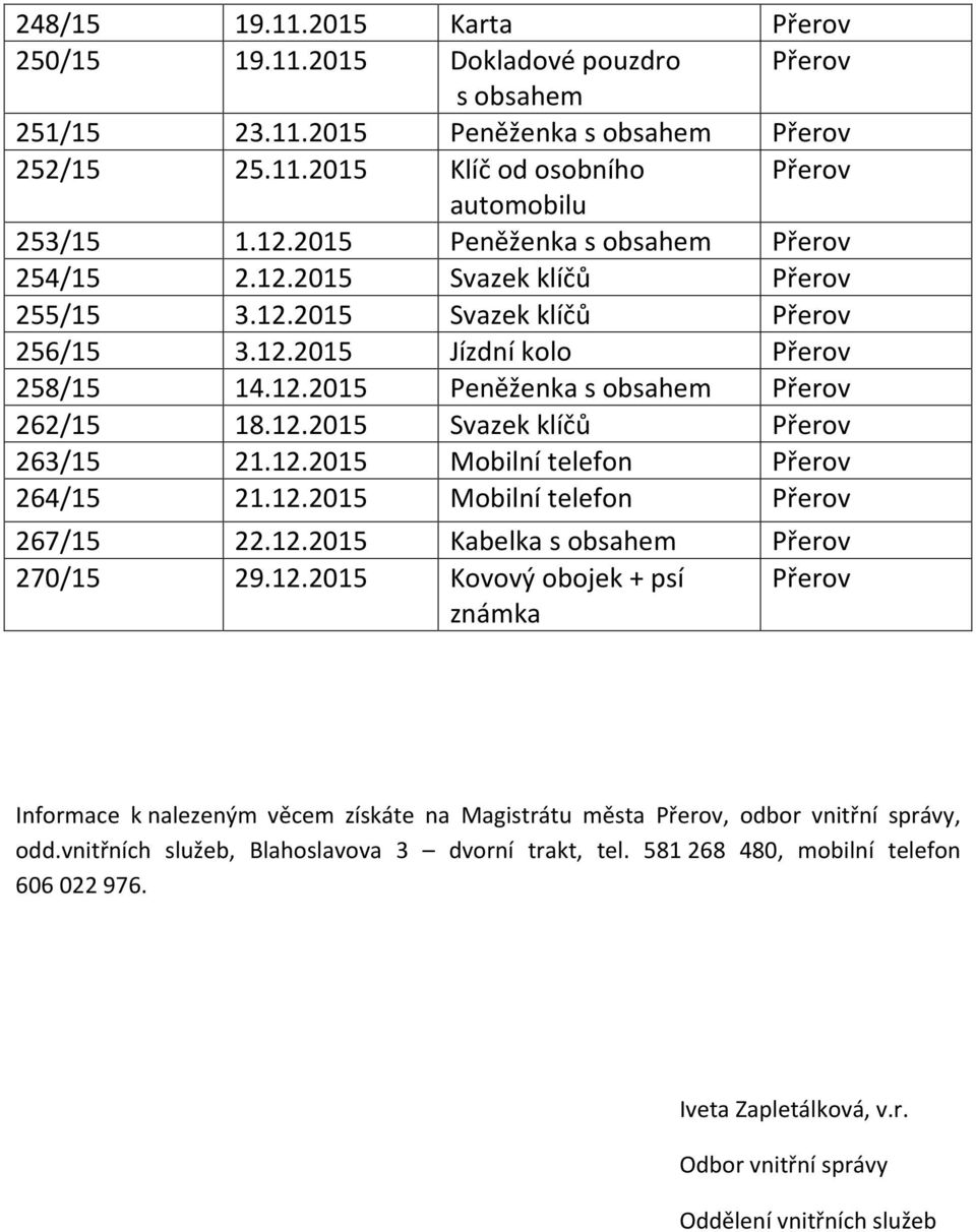 12.2015 264/15 21.12.2015 267/15 22.12.2015 Kabelka s obsahem 270/15 29.12.2015 Kovový obojek + psí známka Informace k nalezeným věcem získáte na Magistrátu města, odbor vnitřní správy, odd.