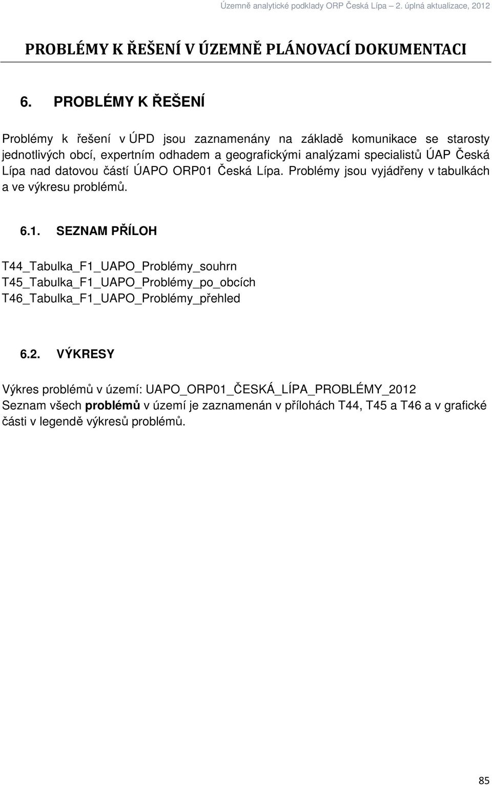 nad datovou částí ÚAPO ORP01 Česká Lípa. Problémy jsou vyjádřeny v tabulkách a ve výkresu problémů. 6.1. SEZNAM PŘÍLOH T44_Tabulka_F1_UAPO_Problémy_souhrn T45_Tabulka_F1_UAPO_Problémy_po_obcích T46_Tabulka_F1_UAPO_Problémy_přehled 6.