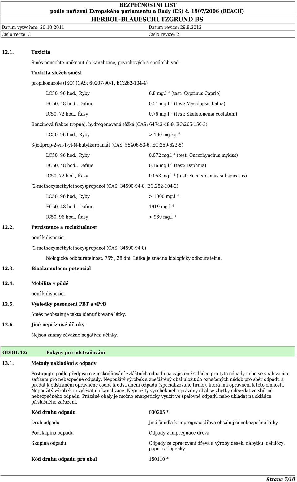 l 1 (test: Skeletonema costatum) Benzinová frakce (ropná), hydrogenovaná těžká (CAS: 64742489, EC:2651503) LC50, 96 hod., Ryby > 100 mg.