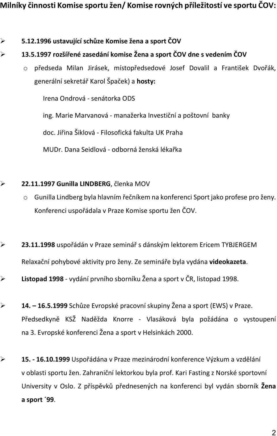 1997 rozšířené zasedání komise Žena a sport ČOV dne s vedením ČOV o předseda Milan Jirásek, místopředsedové Josef Dovalil a František Dvořák, generální sekretář Karol Špaček) a hosty: Irena Ondrová -