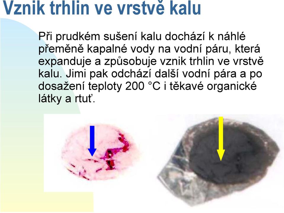 způsobuje vznik trhlin ve vrstvě kalu.