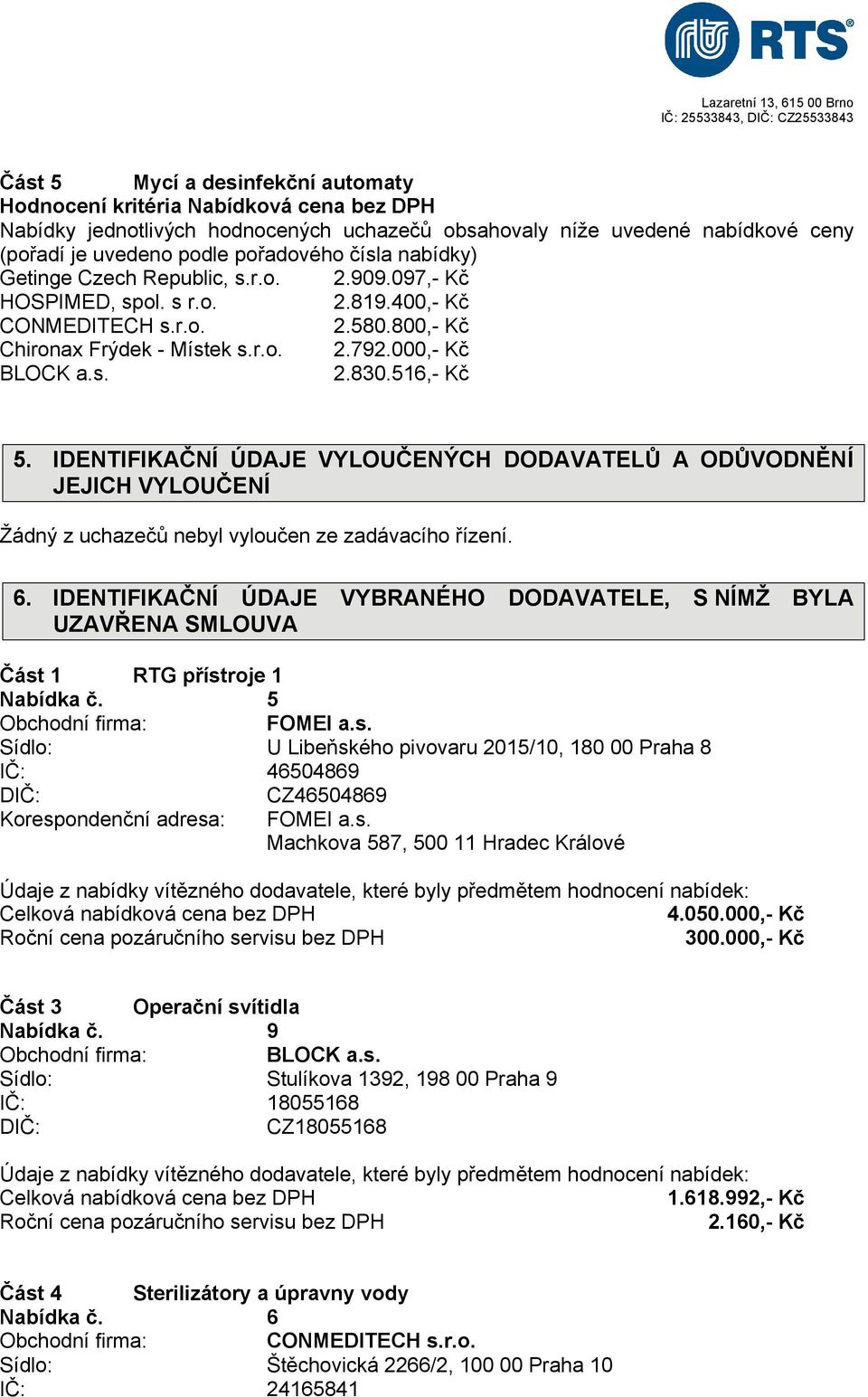 IDENTIFIKAČNÍ ÚDAJE VYBRANÉHO DODAVATELE, S NÍMŽ BYLA UZAVŘENA SMLOUVA Část 1 RTG přístroje 1 Nabídka č.