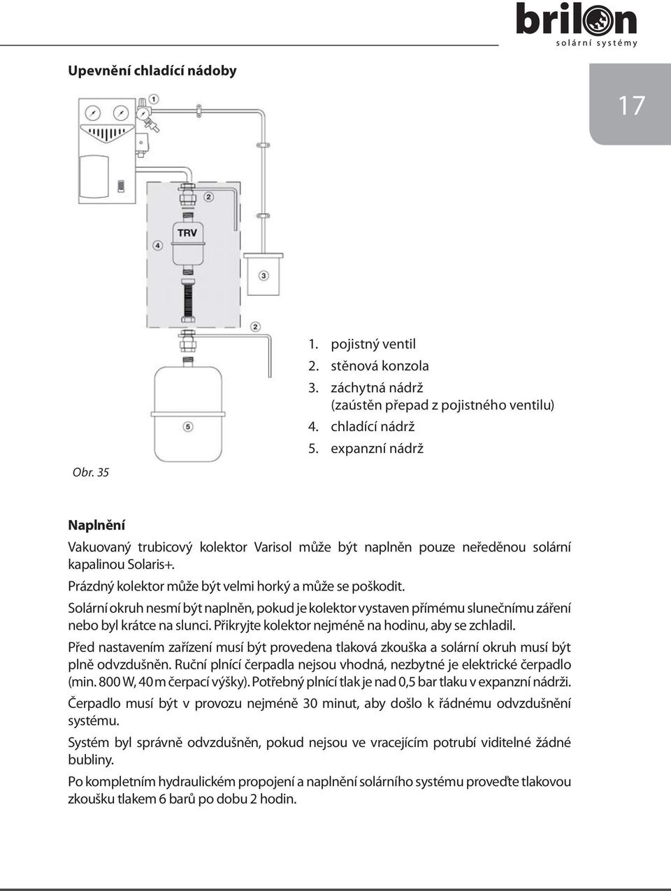 Solární okruh nesmí být naplněn, pokud je kolektor vystaven přímému slunečnímu záření nebo byl krátce na slunci. Přikryjte kolektor nejméně na hodinu, aby se zchladil.