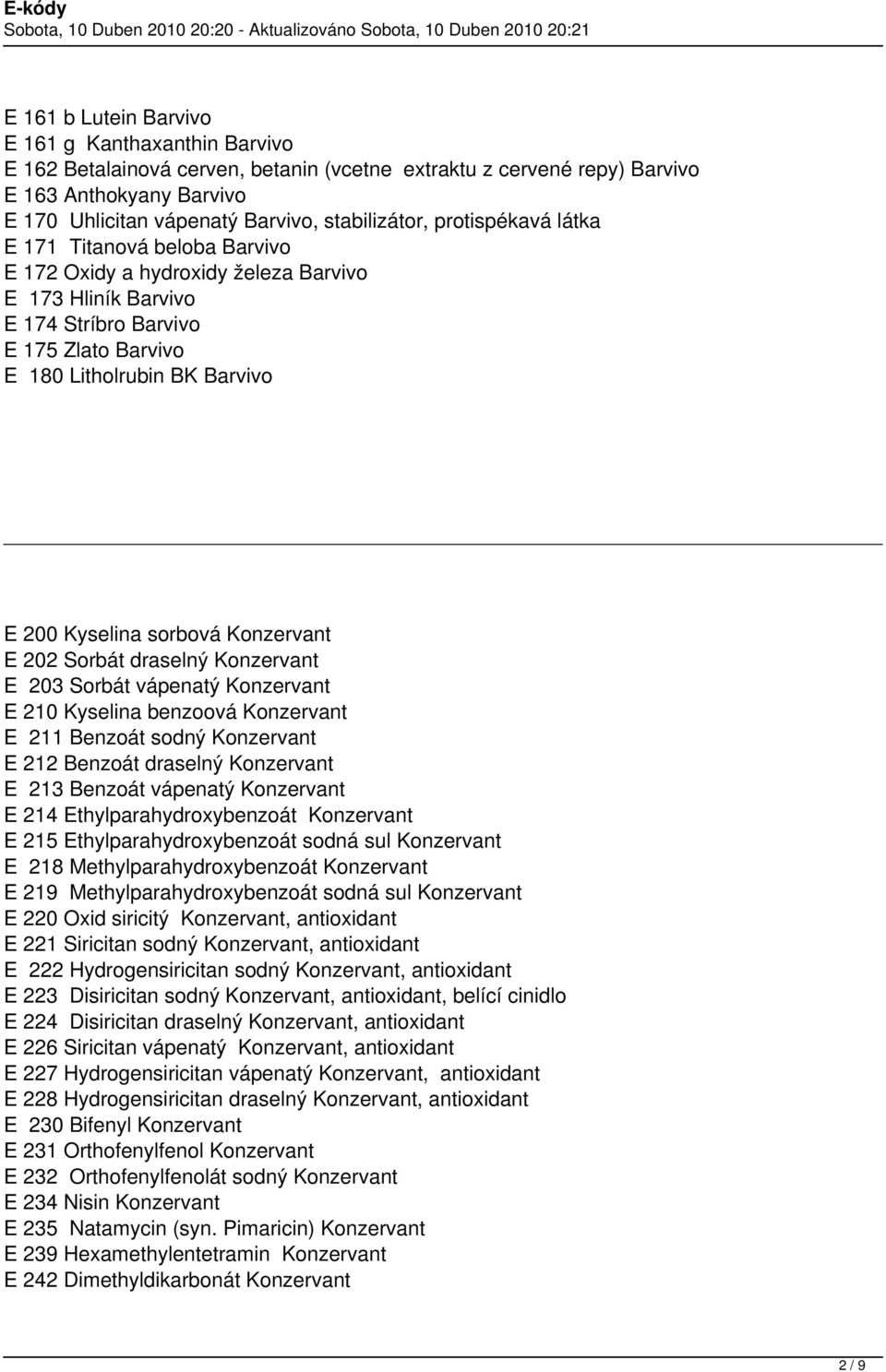 Kyselina sorbová Konzervant E 202 Sorbát draselný Konzervant E 203 Sorbát vápenatý Konzervant E 210 Kyselina benzoová Konzervant E 211 Benzoát sodný Konzervant E 212 Benzoát draselný Konzervant E 213