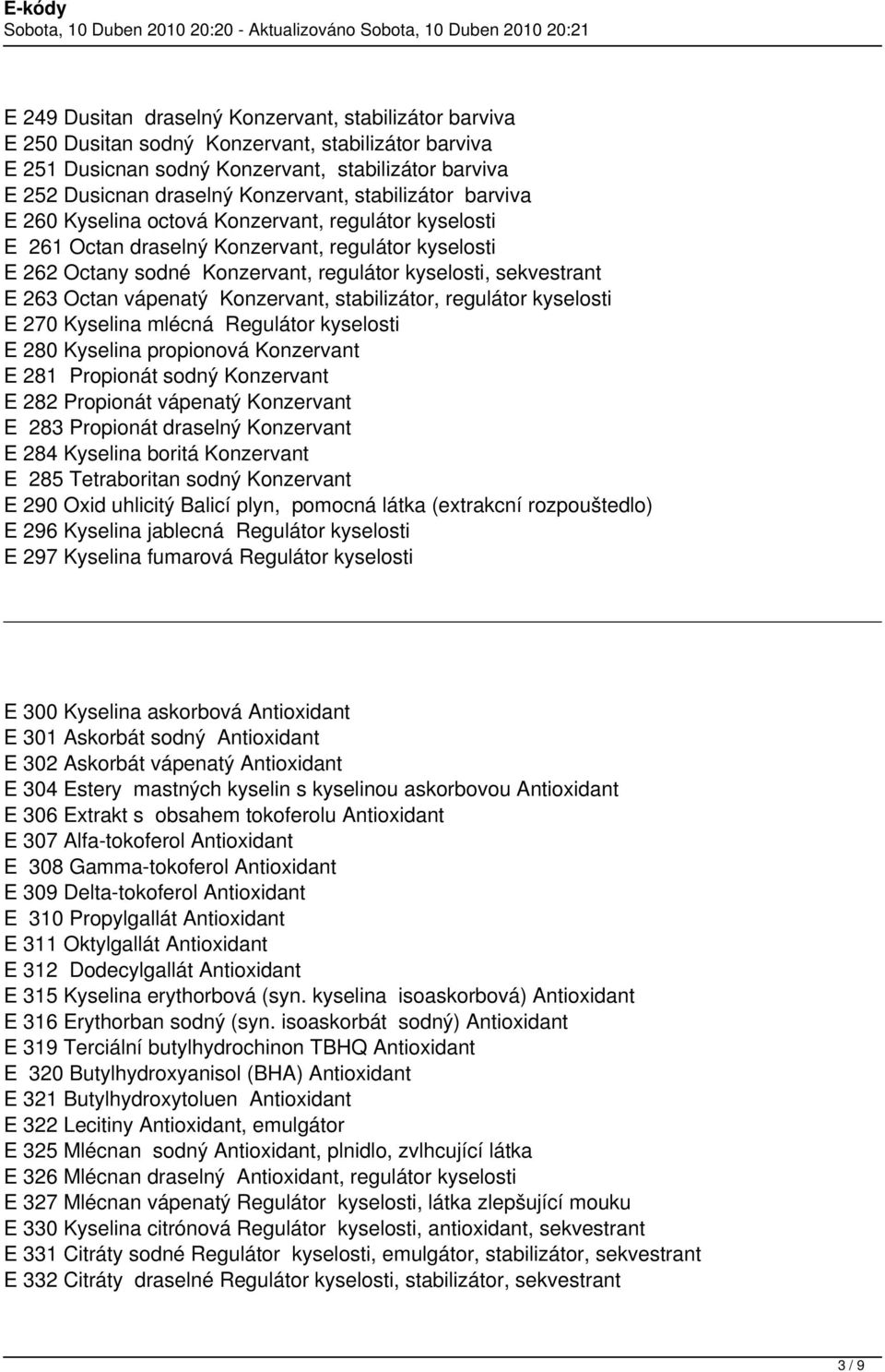 Octan vápenatý Konzervant, stabilizátor, regulátor kyselosti E 270 Kyselina mlécná Regulátor kyselosti E 280 Kyselina propionová Konzervant E 281 Propionát sodný Konzervant E 282 Propionát vápenatý