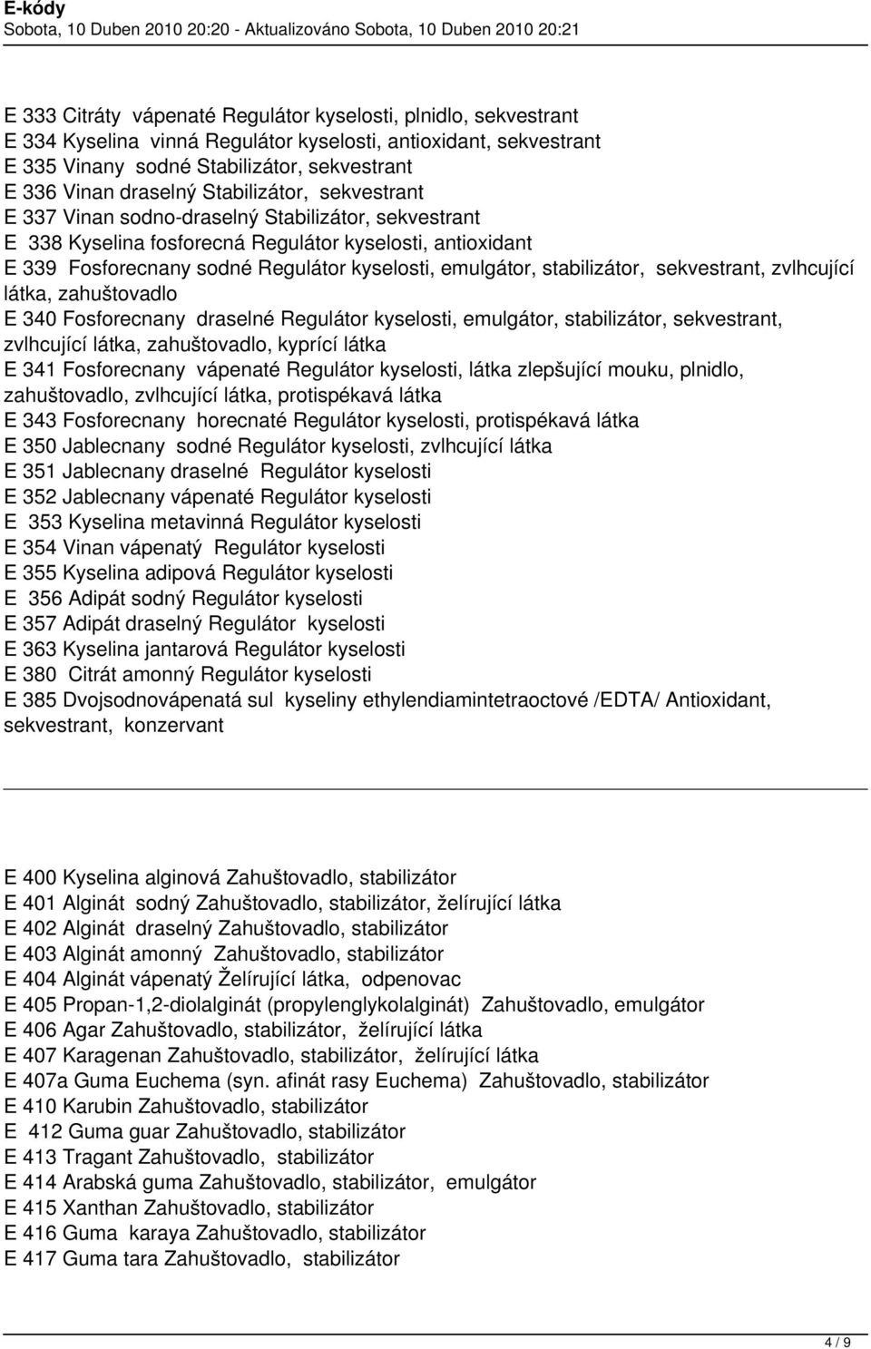 stabilizátor, sekvestrant, zvlhcující látka, zahuštovadlo E 340 Fosforecnany draselné Regulátor kyselosti, emulgátor, stabilizátor, sekvestrant, zvlhcující látka, zahuštovadlo, kyprící látka E 341