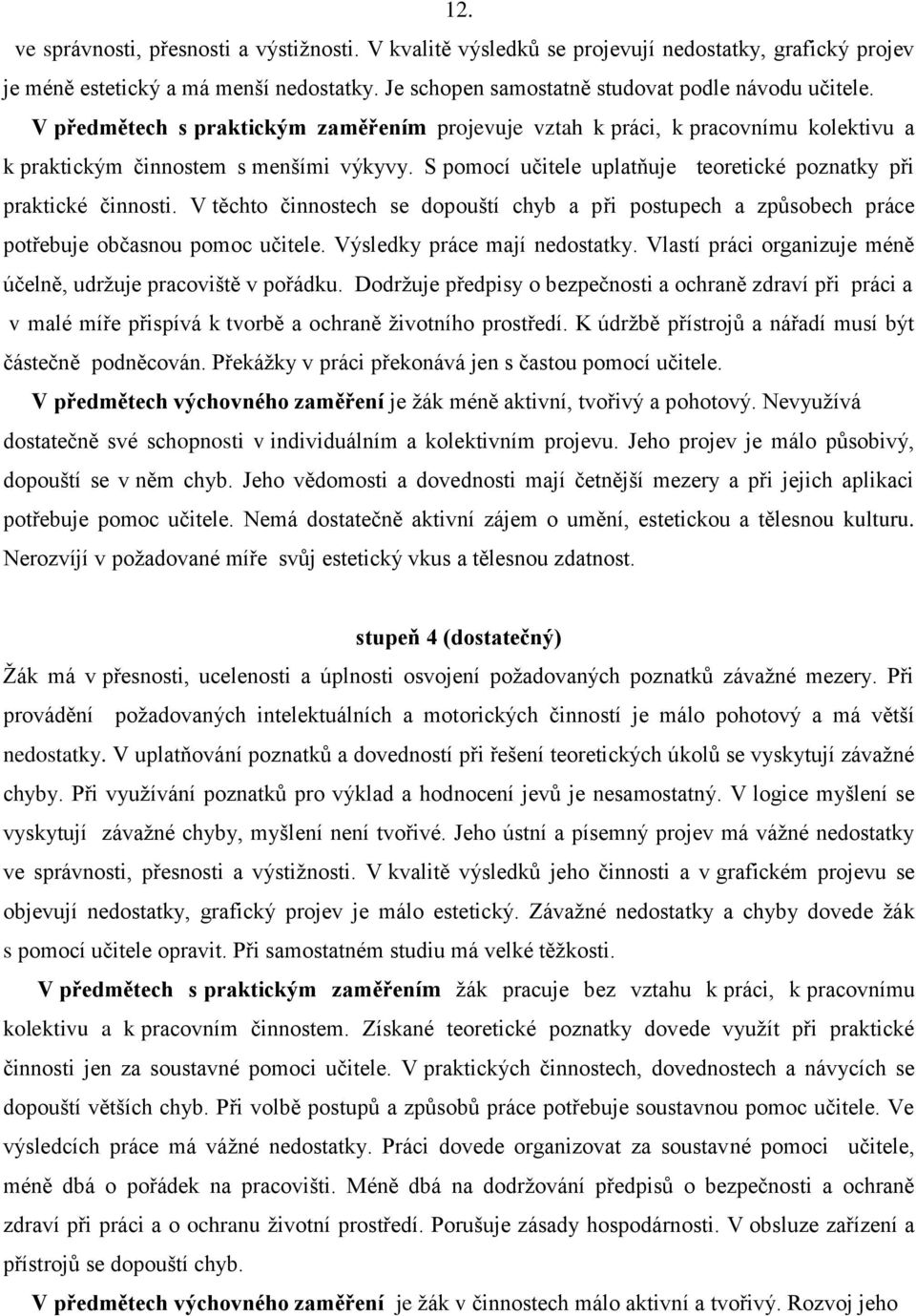 V těchto činnostech se dopouští chyb a při postupech a způsobech práce potřebuje občasnou pomoc učitele. Výsledky práce mají nedostatky.