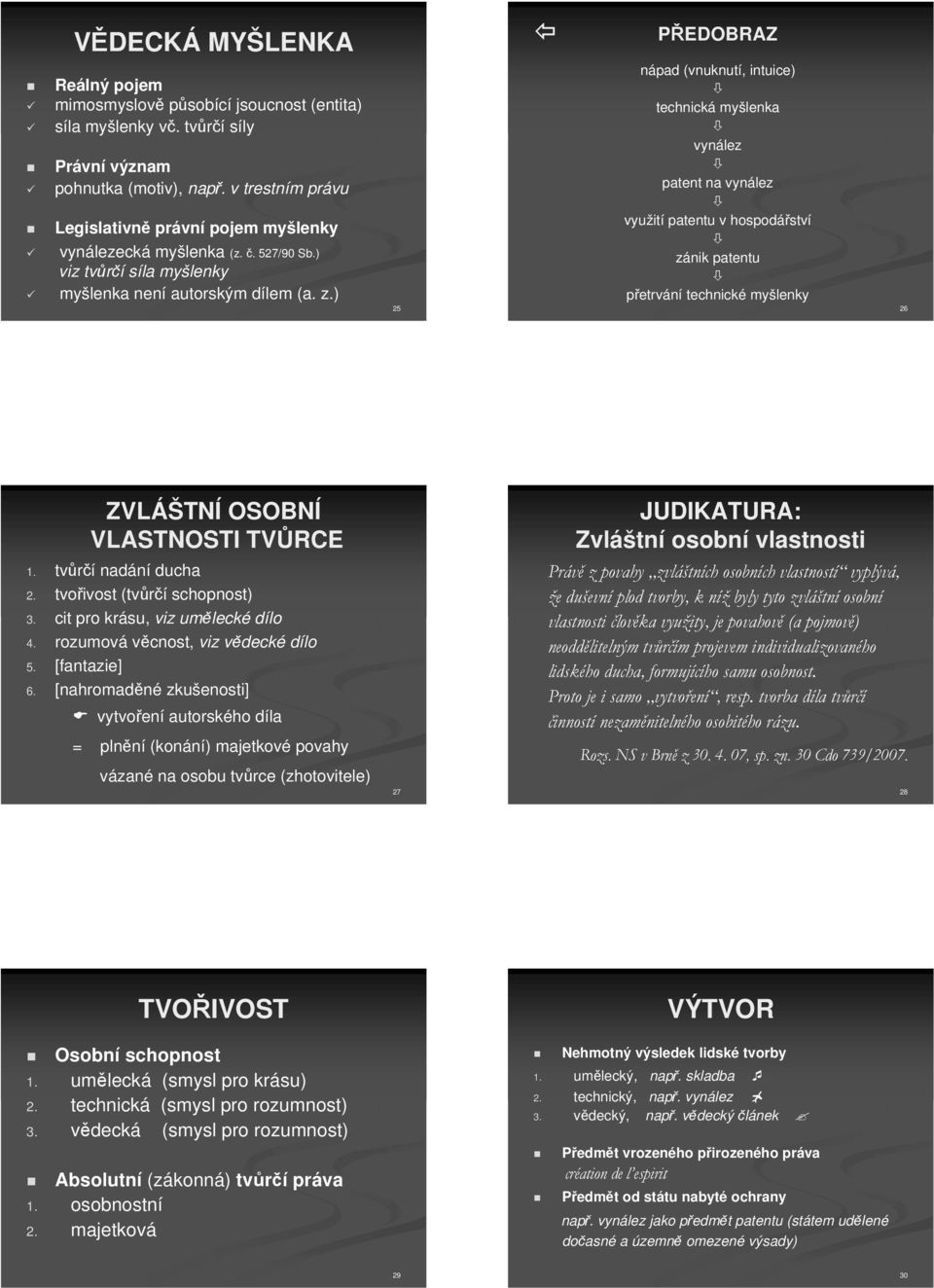 ) 25 nápad (vnuknutí, intuice) technická myšlenka vynález patent na vynález využití patentu v hospodáství zánik patentu petrvání technické myšlenky 26 ZVLÁŠTNÍ OSOBNÍ VLASTNOSTI TVRCE 1.