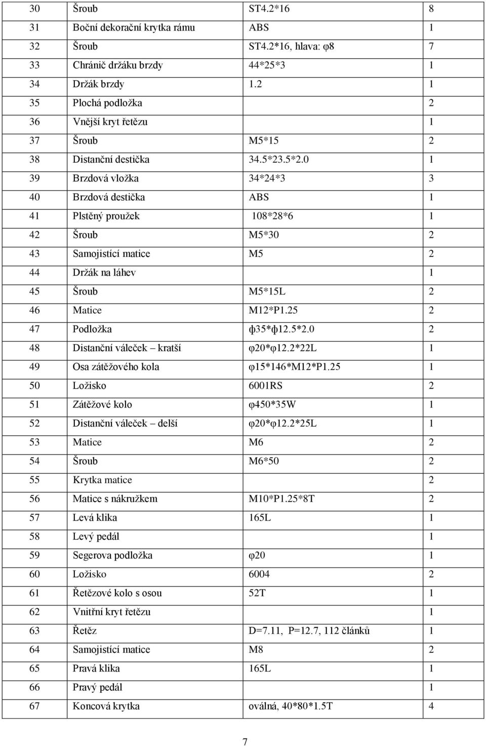 .5*2.0 1 39 Brzdová vložka 34*24*3 3 40 Brzdová destička ABS 1 41 Plstěný proužek 108*28*6 1 42 Šroub M5*30 2 43 Samojistící matice M5 2 44 Držák na láhev 1 45 Šroub M5*15L 2 46 Matice M12*P1.