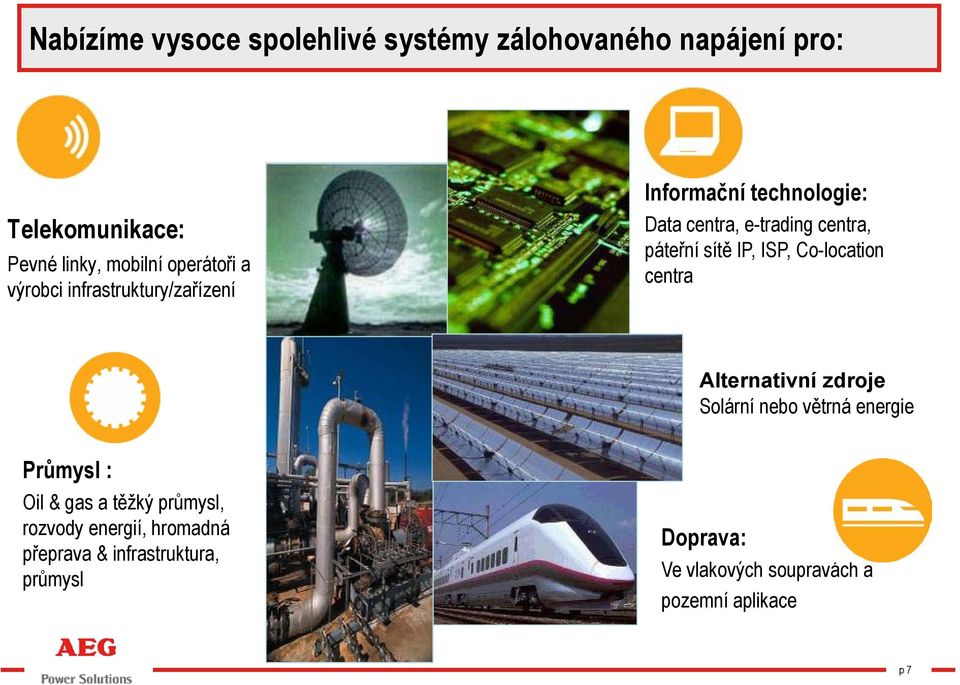 centra, e-trading centra, páteřní sítě IP, ISP, Co-location centra Alternativní zdroje Solární nebo větrná energie Průmysl