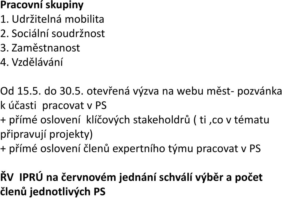 5. do 30.5. otevřená výzva na webu měst- pozvánka k účasti pracovat v PS + přímé oslovení