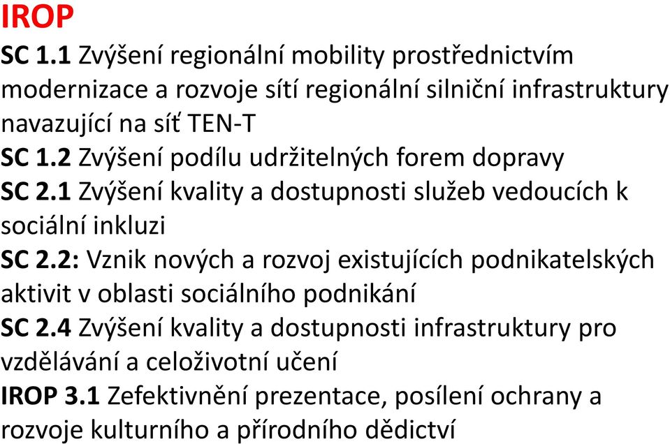 1.2 Zvýšení podílu udržitelných forem dopravy SC 2.1 Zvýšení kvality a dostupnosti služeb vedoucích k sociální inkluzi SC 2.