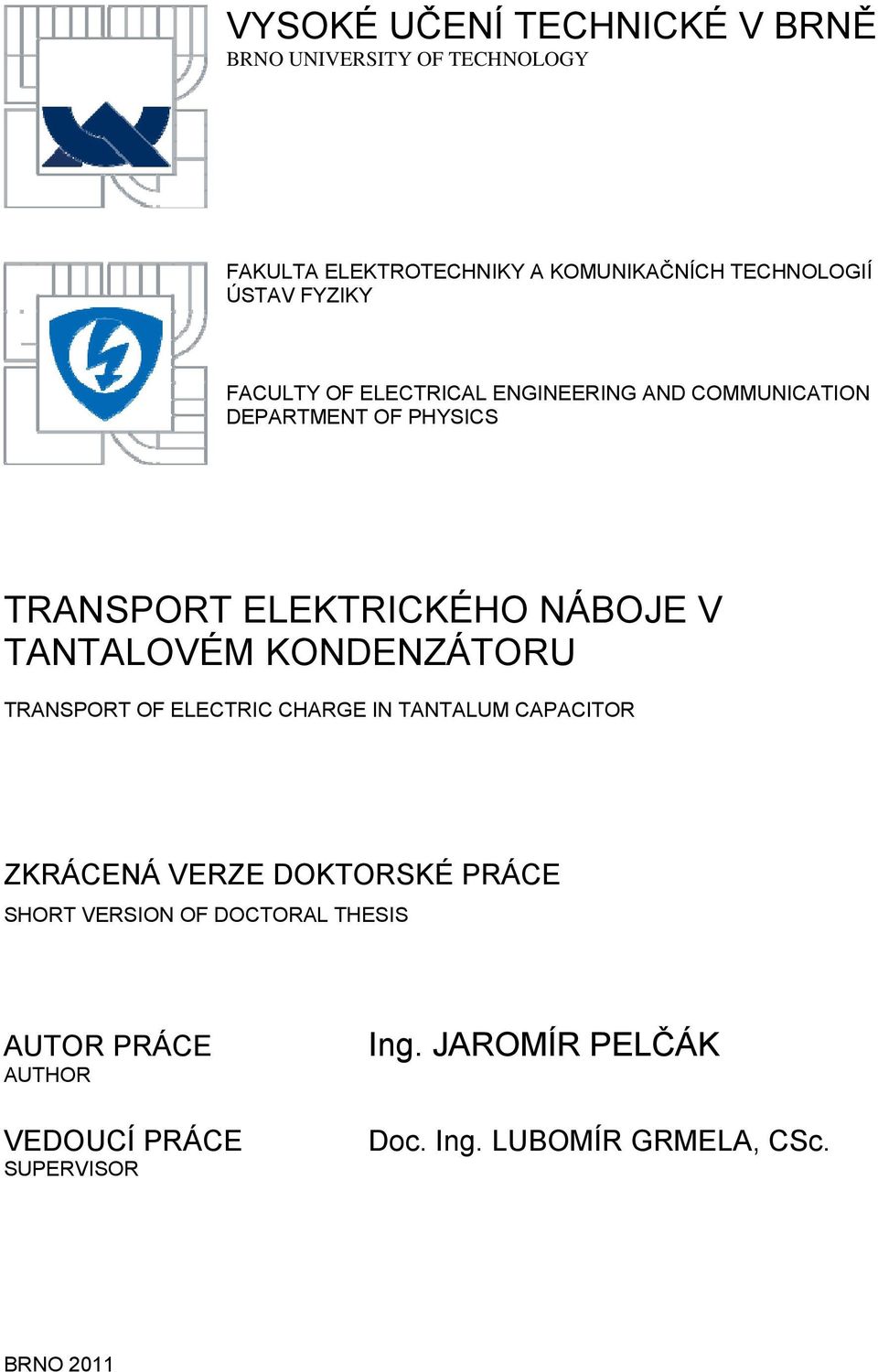TANTALOVÉM KONDENZÁTORU TRANSPORT OF ELECTRIC CHARGE IN TANTALUM CAPACITOR ZKRÁCENÁ VERZE DOKTORSKÉ PRÁCE SHORT