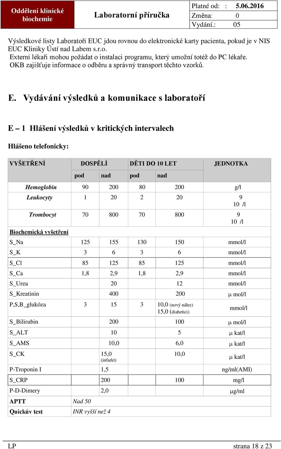 Vydávání výsledků a komunikace s laboratoří E 1 Hlášení výsledků v kritických intervalech Hlášeno telefonicky: VYŠETŘENÍ DOSPĚLÍ DĚTI DO 10 LET JEDNOTKA pod nad pod nad Hemoglobin 90 200 80 200 g/l