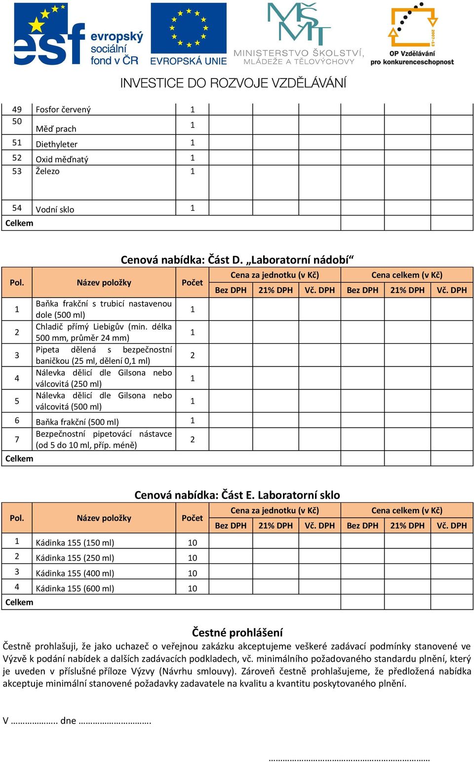 frakční (500 ml) 7 Bezpečnostní pipetovácí nástavce (od 5 do 0 ml, příp. méně) Cenová nabídka: Část D. Laboratorní nádobí Bez DPH % DPH Vč. DPH Bez DPH % DPH Vč.