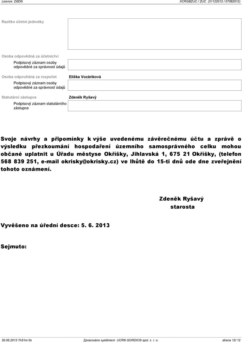 přezkoumání hospodaření územního samosprávného celku mohou občané uplatnit u Úřadu městyse Okříšky, Jihlavská 1, 675 21 Okříšky, (telefon 568 839 251, e-mail okrisky@okrisky.