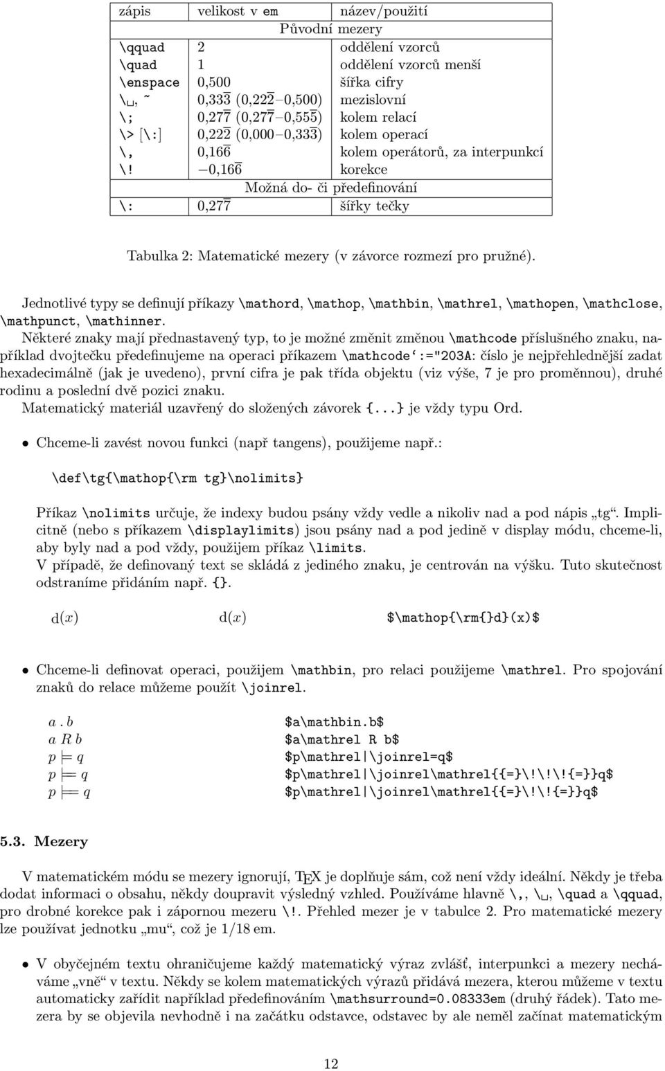 0,166 korekce Možná do- či předefinování \: 0,277 šířky tečky Tabulka 2: Matematické mezery (v závorce rozmezí pro pružné).