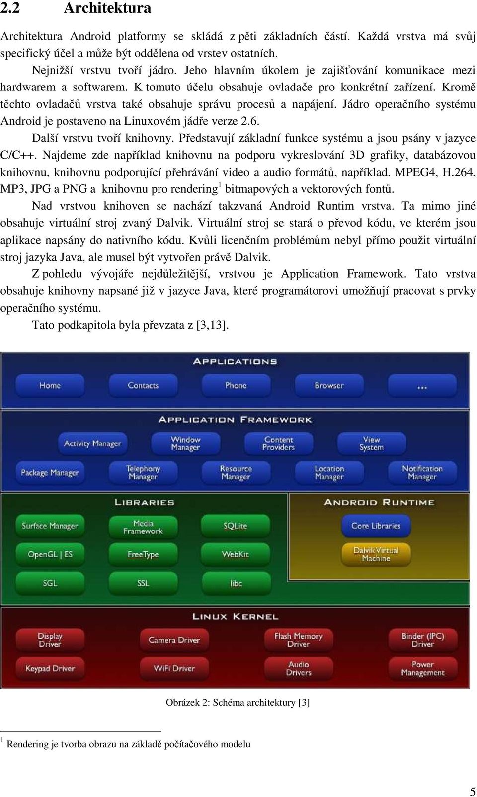 Jádro operačního systému Android je postaveno na Linuxovém jádře verze 2.6. Další vrstvu tvoří knihovny. Představují základní funkce systému a jsou psány v jazyce C/C++.