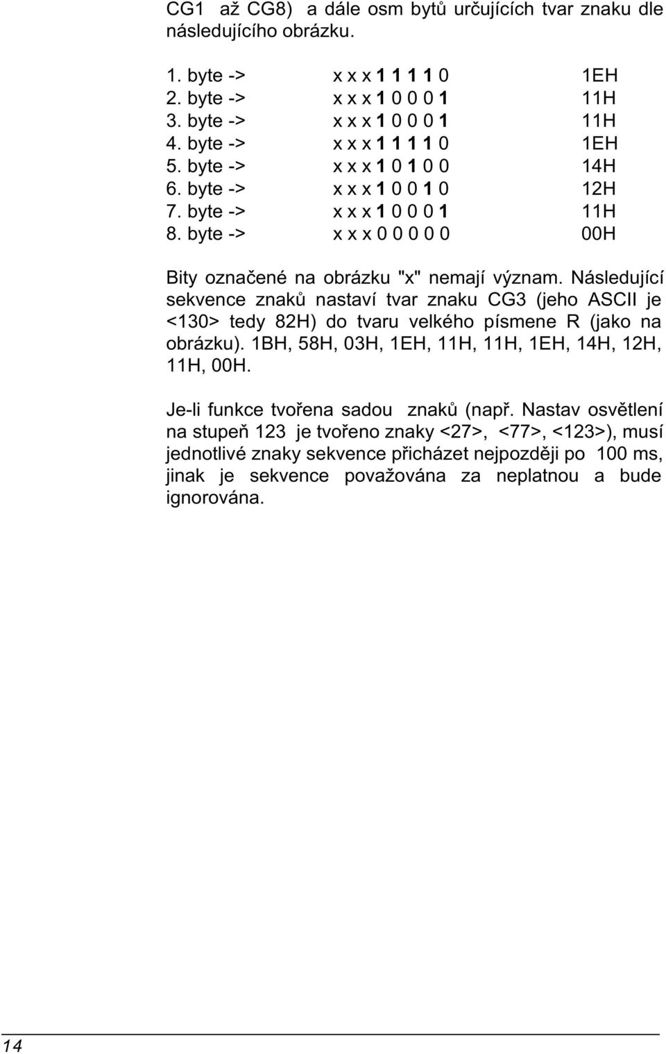 Následující sekvence znakù nastaví tvar znaku CG3 (jeho ASCII je <130> tedy 82H) do tvaru velkého písmene R (jako na obrázku). 1BH, 58H, 03H, 1EH, 11H, 11H, 1EH, 14H, 12H, 11H, 00H.