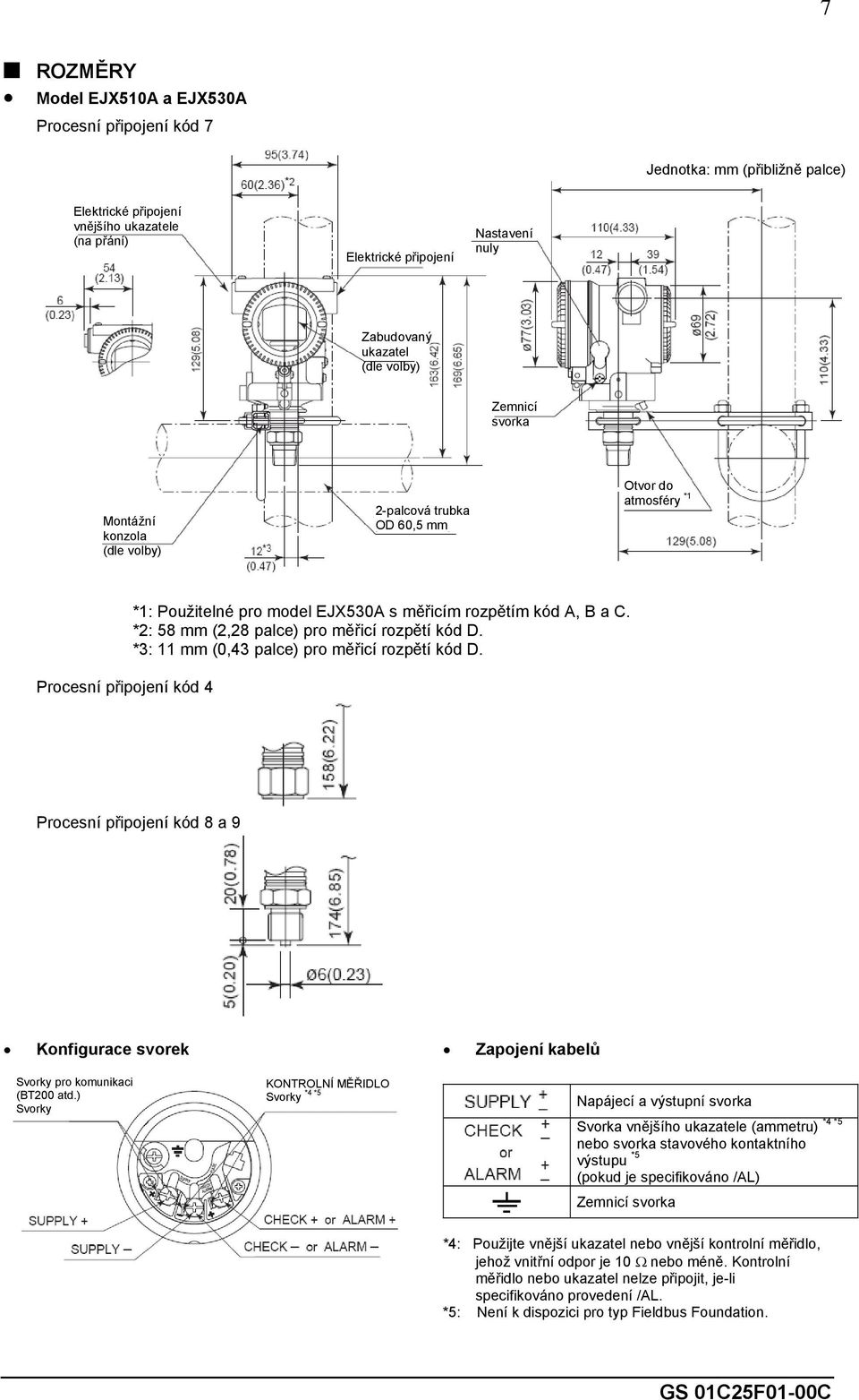 *2: 58 mm (2,28 palce) pro měřicí rozpětí kód D. *3: 11 mm (0,43 palce) pro měřicí rozpětí kód D. Procesní připojení kód 8 a 9 Konfigurace svorek Zapojení kabelů Svorky pro komunikaci (BT200 atd.