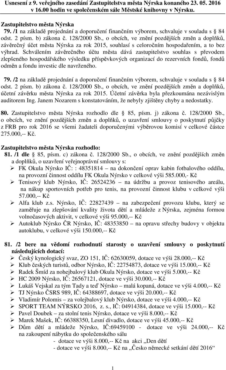 , o obcích, ve znění pozdějších změn a doplňků, závěrečný účet města Nýrska za rok 2015, souhlasí s celoročním hospodařením, a to bez výhrad.