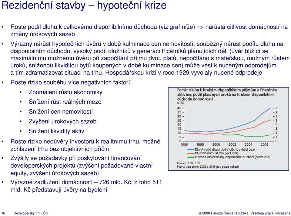 započítání příjmu dvou platů, nepočítáno s mateřskou, možným růstem úroků, sníženou likviditou bytů koupených v době kulminace cen) může vést k nuceným odprodejům a tím zdramatizovat situaci na trhu.