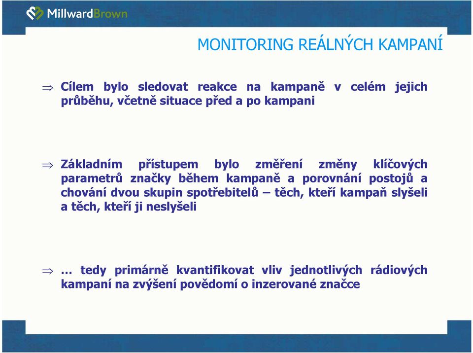 kampaně a porovnání postojů a chování dvou skupin spotřebitelů těch, kteří kampaň slyšeli a těch, kteří