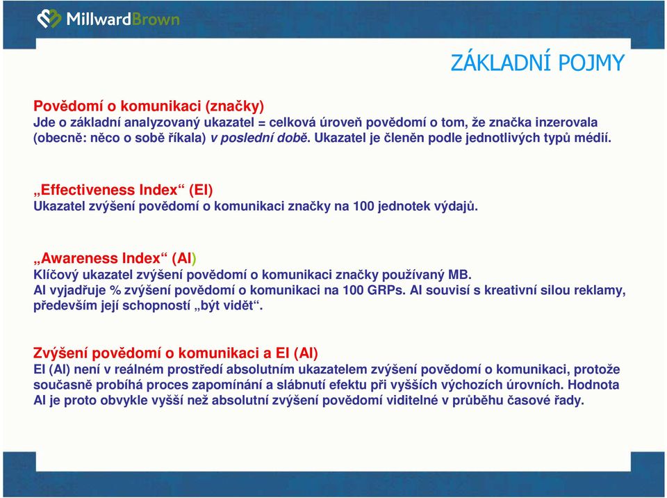 Awareness Index (AI) Klíčový ukazatel zvýšení povědomí o komunikaci značky používaný MB. AI vyjadřuje % zvýšení povědomí o komunikaci na 1 GRPs.