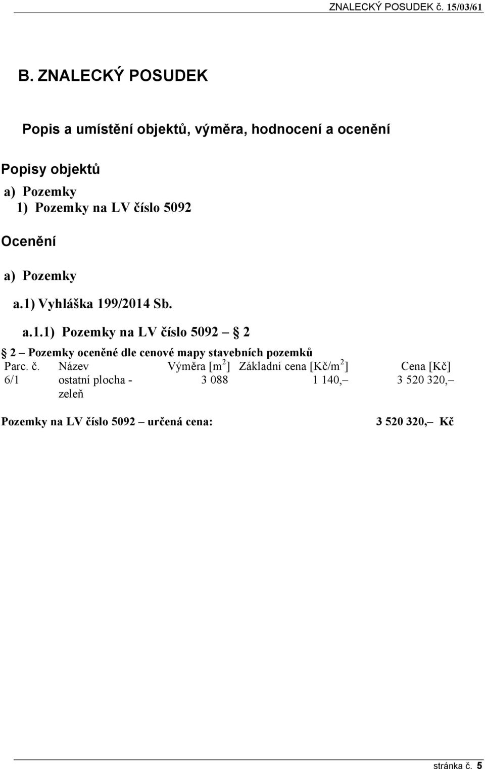 Vyhláška 199/2014 Sb. a.1.1) Pozemky na LV číslo 5092 2 2 Pozemky oceněné dle cenové mapy stavebních pozemků Parc.