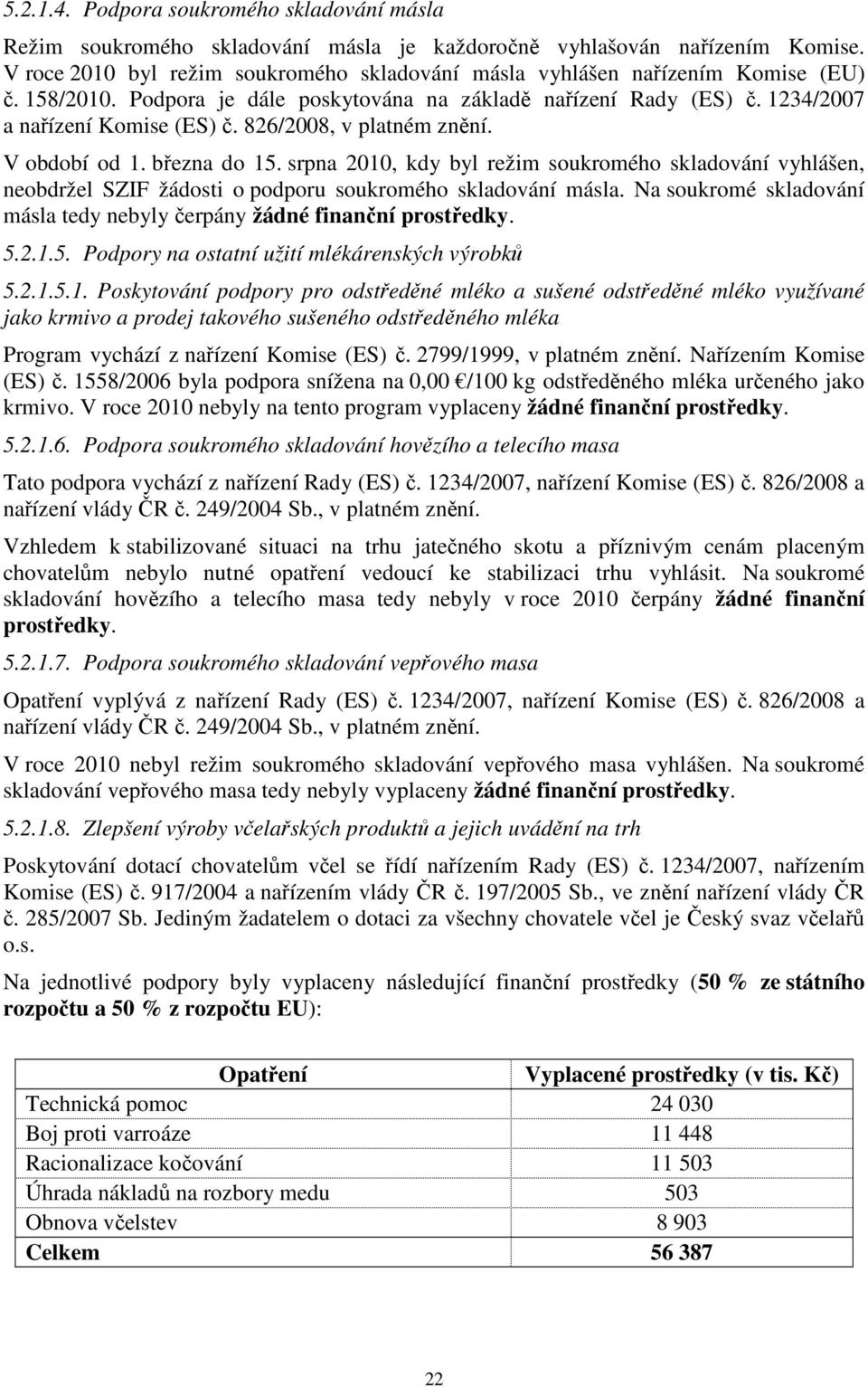 826/2008, v platném znění. V období od 1. března do 15. srpna 2010, kdy byl režim soukromého skladování vyhlášen, neobdržel SZIF žádosti o podporu soukromého skladování másla.