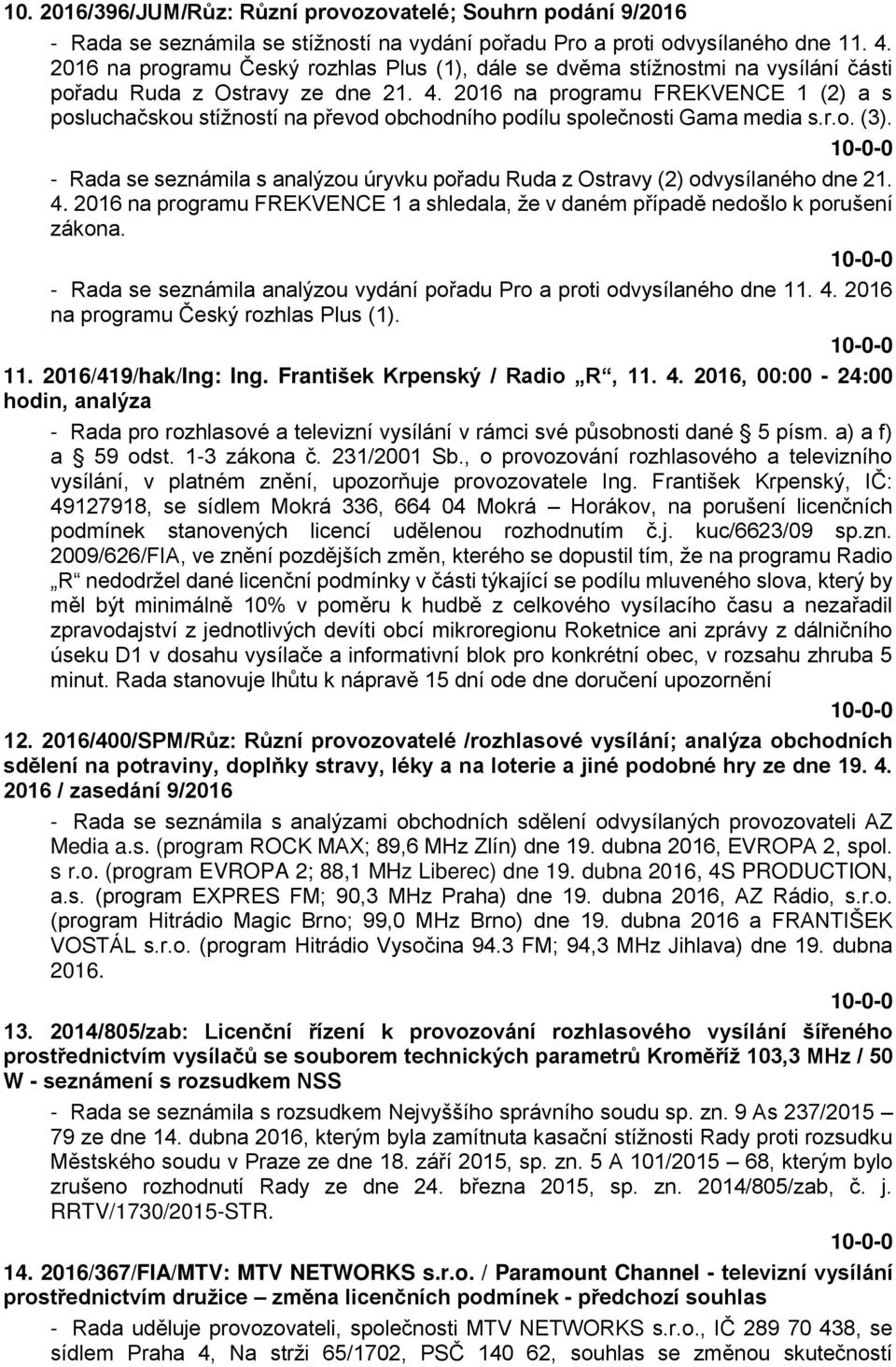 2016 na programu FREKVENCE 1 (2) a s posluchačskou stížností na převod obchodního podílu společnosti Gama media s.r.o. (3).