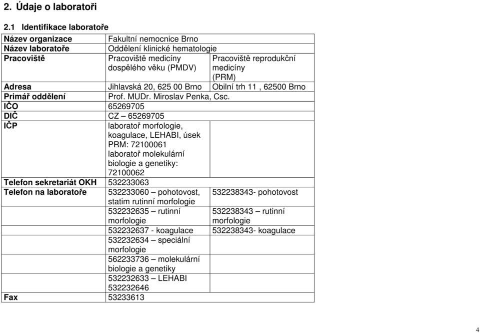 (PRM) Adresa Jihlavská 20, 625 00 Brno Obilní trh 11, 62500 Brno Primář oddělení Prof. MUDr. Miroslav Penka, Csc.