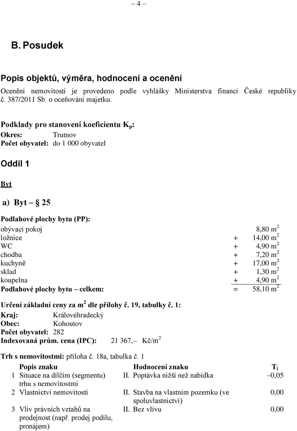 chodba + 7,20 m 2 kuchyně + 17,00 m 2 sklad + 1,30 m 2 koupelna + 4,90 m 2 Podlahové plochy bytu celkem: = 58,10 m 2 Určení základní ceny za m 2 dle přílohy č. 19, tabulky č.